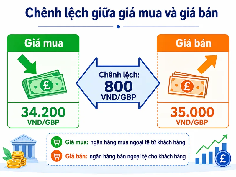Chênh lệch giữa giá mua và giá bán là yếu tố cần chú ý khi tính số tiền thực nhận hoặc số tiền cần chi để mua GBP.